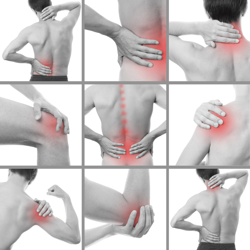 BLack and white close ups of a the joints on a male body lit up red to represent joint pain